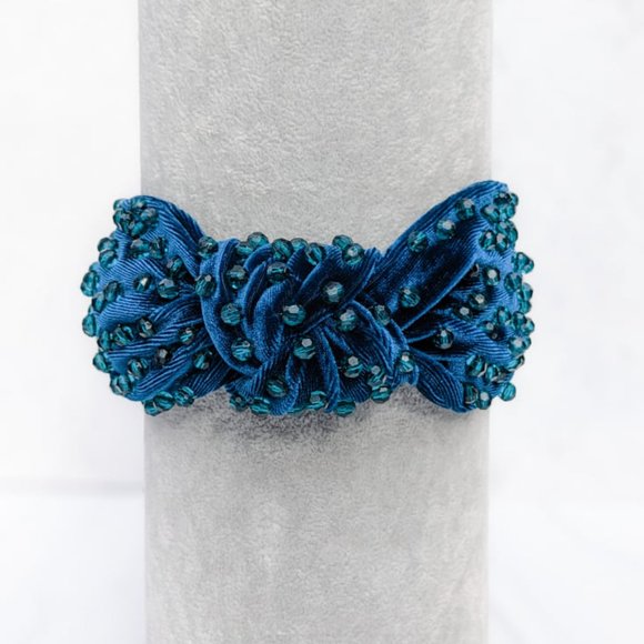 Deep Teal Beaded Knot Velvet Headband Teal Faceted Beads Handmade Knotted Winter main image 8